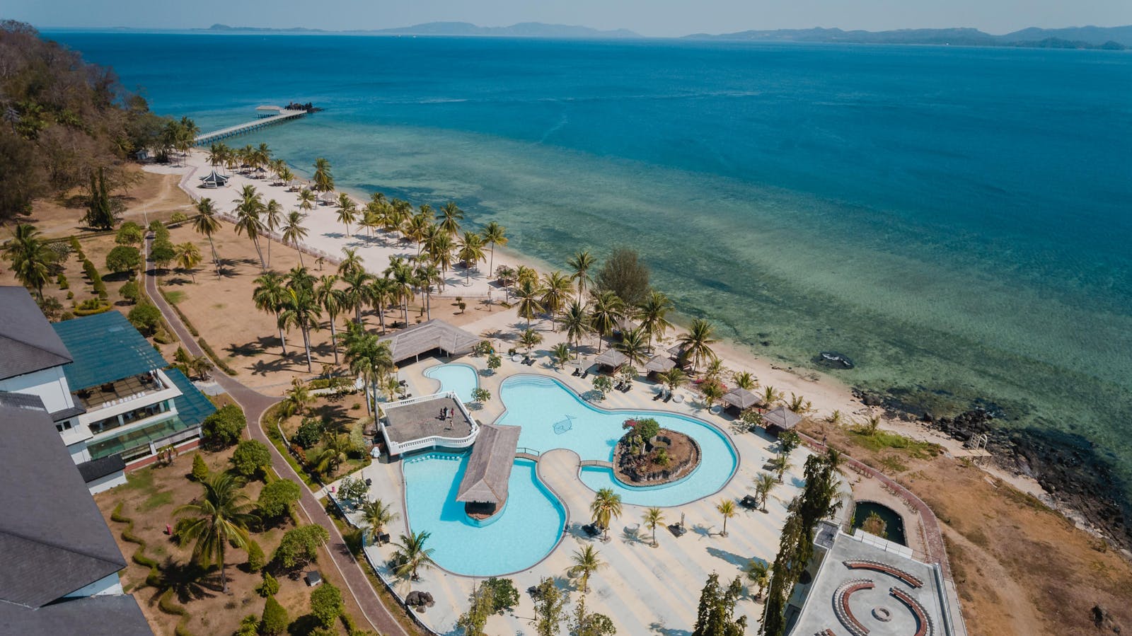 Aerial drone shot of a beachfront venue in Menorca for weddings and events