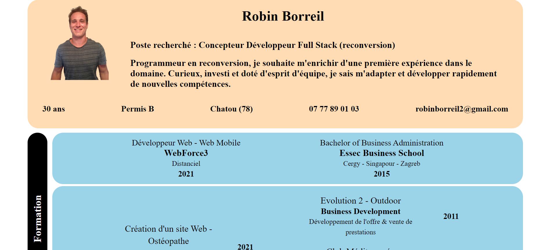 capture d'écran du cv de robin borreil - développé en html et css 